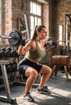 Sweaty curvy woman doing barbell squat in authentic old school gym, heavy weightlifting and body positive concept