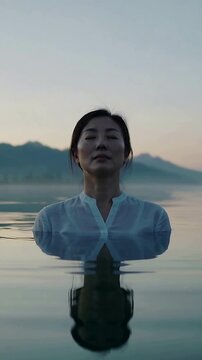 Vertical video: Wading woman in white blouse breathing in lake at dawn, reflection gently shifting
