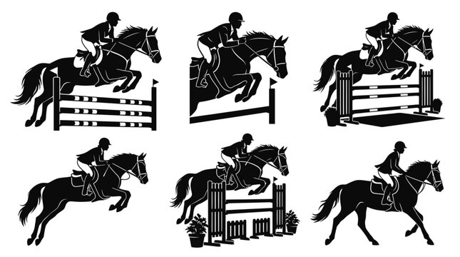 Set of black silhouettes showing horses jumping over obstacles with professional riders in equestrian show jumping