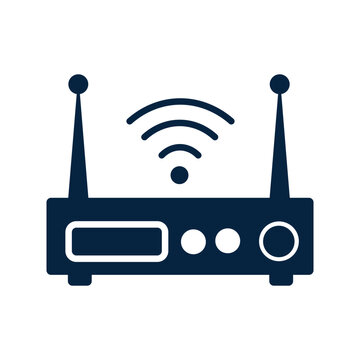 Wireless Wi-Fi router solid glyph vector icon isolated on white background featuring internet modem device with dual antennas and signal waves.
