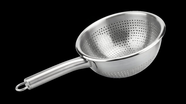 Stainless steel colander with handle, professional metal kitchen strainer, silver mesh food sieve isolated on black background