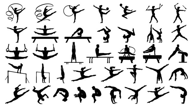Set of black silhouettes of gymnasts performing various exercises and athletic moves on equipment
