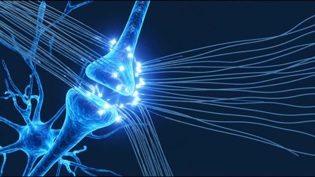 3D animation of glowing blue neurons and synapses firing electrical impulses within the human brain nervous system