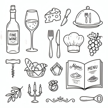 Fine Dining Restaurant and Elegant Wine Culture Doodle Icon Set, Hand Drawn Luxury Chef Hat Food Cloped and Bottle Line Art Illustration Isolated on White Background for Cafe Menu and Bistro Branding
