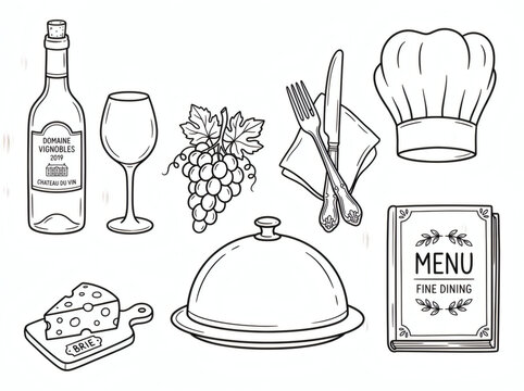 Fine Dining Restaurant and Elegant Wine Culture Doodle Icon Set, Hand Drawn Luxury Chef Hat Food Cloped and Bottle Line Art Illustration Isolated on White Background for Cafe Menu and Bistro Branding