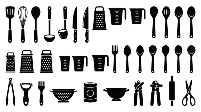 Set of black kitchen utensils and cooking tools icons collection including spoons forks knives graters and measuring cups