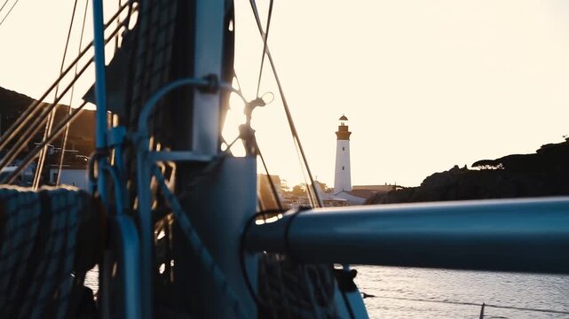 Sailboat rigging moves across foreground as white lighthouse stays framed beyond calm coastal water, with ropes, mast hardware, rocky shoreline, and warm low sunlight creating layered maritime depth