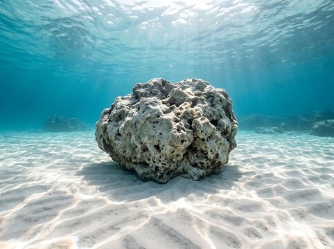 Large porous coral boulder rests on white sandy seafloor under clear tropical ocean water with sun rays filtering down for marine biology and travel background.
