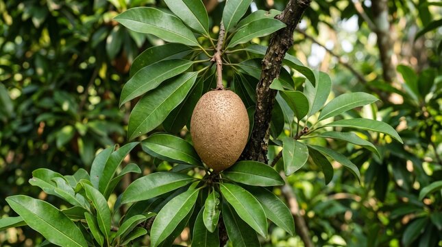 Sapodilla fruit hanging from green leafy branch in sunny tropical garden displays natural texture and oval shape typical of ripe sapota for agricultural marketing.