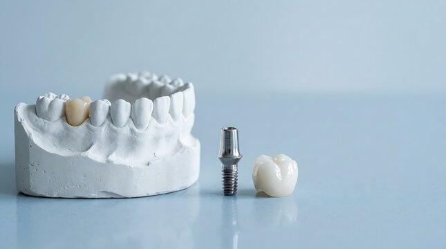 Anatomical white plaster jaw model showing single crown placement beside medical titanium implant screw and individual ceramic tooth on clean reflective background.