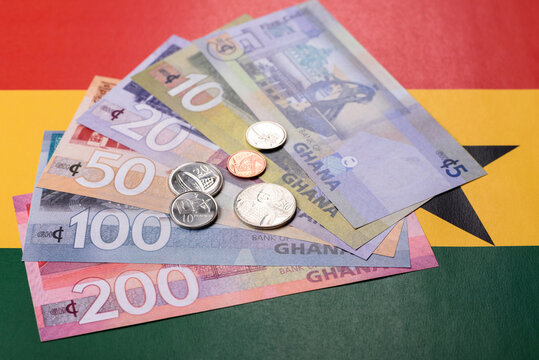 Ghana, Ghanaian paper money, cedi banknotes as currency for exchange or travel. Ghana money