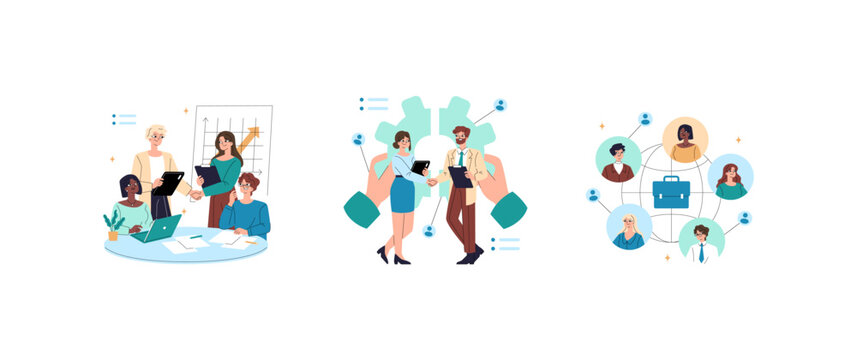 Business team collaborating and networking in vector set