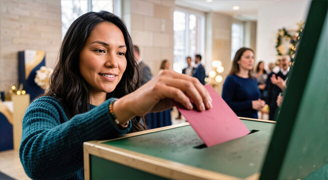 Smiling businesswoman putting red envelope into green wooden box during office holiday party. Female employee participating in Christmas raffle, voting or Secret Santa gift exchange at event