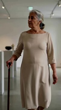 Vertical video: Walking senior woman with cane in tan dress through museum, spotting ceramics