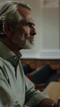 Vertical video: Replying off-camera, senior man in shirt turning head at office table, copy space