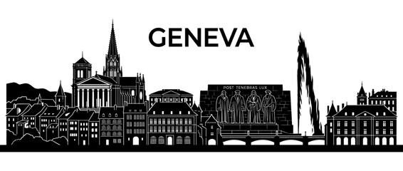 Fototapeta premium Geneva Switzerland City Skyline Silhouette Illustration, Minimalist Black and White Vector Landmark Design with Jet d'Eau and Reformation Wall