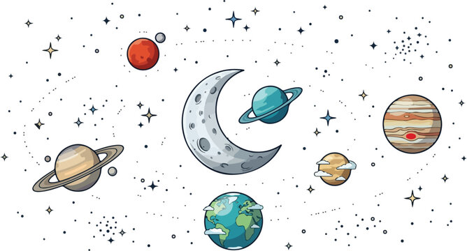 Planets and crescent moon floating in outer space surrounded by stars