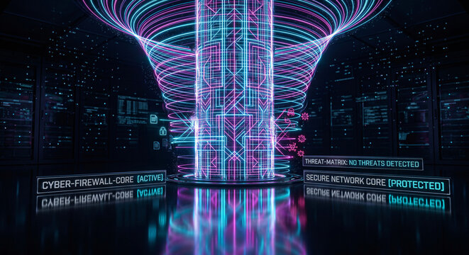 Futuristic cyber firewall core with glowing neon linear data spirals in a server room