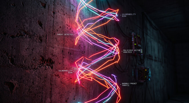 Glowing neon linear data spiral with cyber security threat scan overlays on a concrete wall