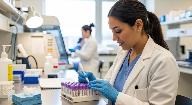 A female scientist in a lab coat and blue lab coat, working with test tubes in a laboratory.