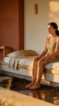 Vertical video: Sitting woman meditating in yoga at spa bench and water, light moving, copy space