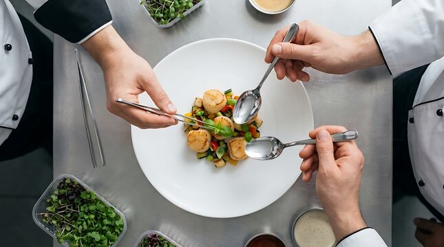 Macro Top-Down Action Shot of Two Chefs Hands Collaborating to Plate a Gourmet Dish on a Pure White Plate