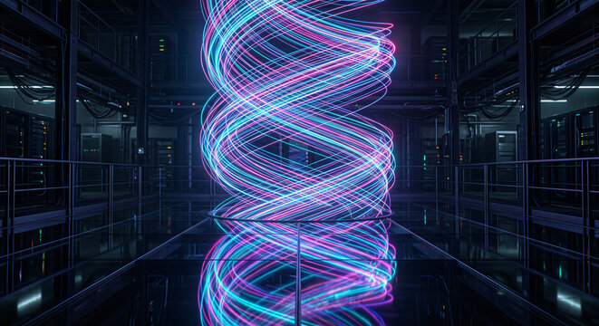 Vertical neon linear data core reflecting on a glass floor in a dark server room