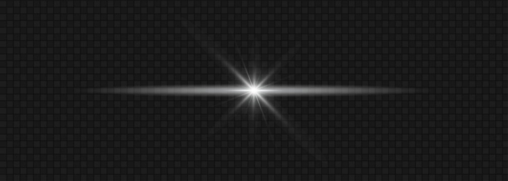Bright white starburst horizontal flare. Glowing light ray isolated on transparent background