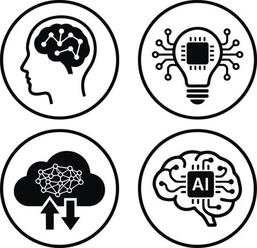 Four modern technology and brain icons set