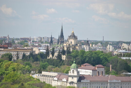 Panorama of the old town of Lviv with cathedral domes and spires