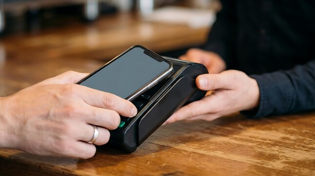 Macro Close-Up Shot of a Customer Hand Tapping a Modern Smartphone on a Sleek POS Terminal for Contactless Payment