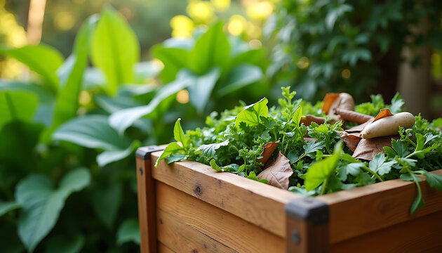 Wooden planter box filled with green herbs and autumn leaves outdoors