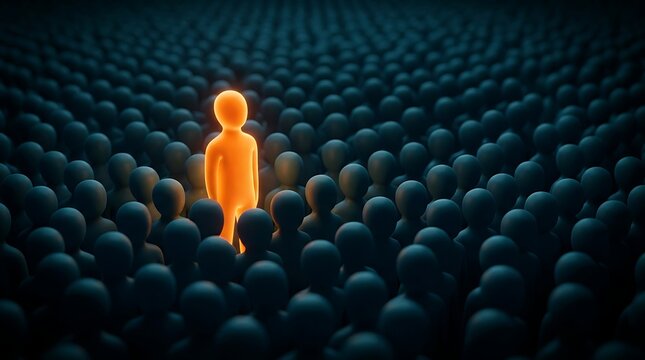 Glowing orange figure stands out from dark crowd symbolizing individuality, uniqueness, and leadership in concept of being different.