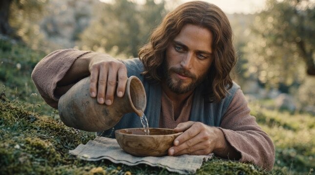 Man pours water from clay jug into wooden bowl. Bearded man in ancient biblical style clothing kneeling on green grass in nature. Humility, faith and service concept for religious and easter design