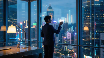 Fototapeta premium Businesswoman in a dark suit working with holographic analytics, charts, and digital interfaces in a modern high-rise office overlooking an illuminated city skyline at night.