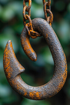 A rusted metal hook hangs from a chain, suitable for use in industrial or abandoned setting. vertical frame