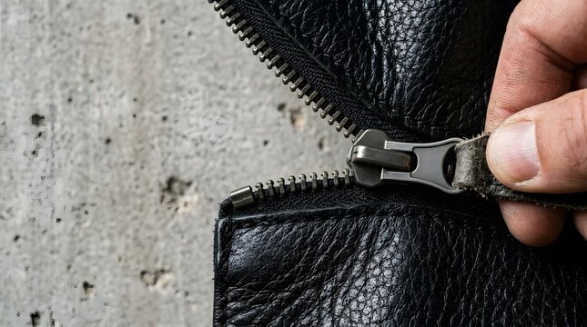 Hand pulling metallic zipper puller on black textured leather jacket against raw concrete wall