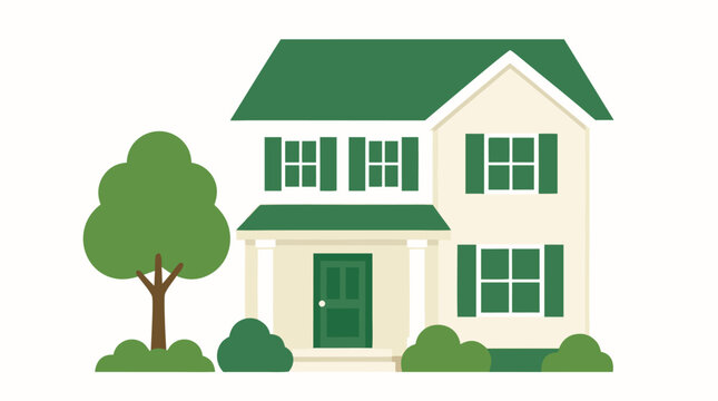 Simple Two-Story House Icon with Garden Tree, Flat Color Vector Illustration in Green and Cream, Clean Minimalist Real Estate Symbol - professional high resolution detailed commercial stock imagery