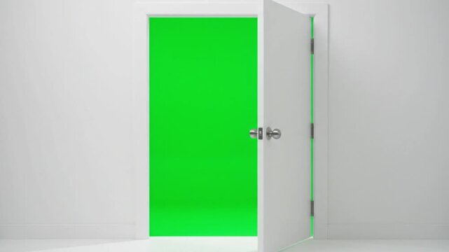 White room interior with a modern door opening to reveal a chroma key green screen background