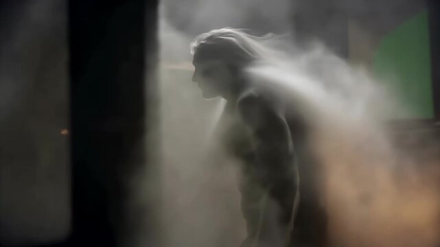 Mysterious Silhouette Moves Through Smoke Filled Scene.
