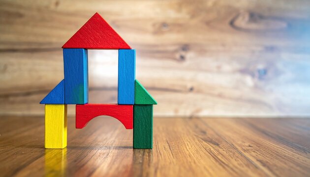 Colorful Wooden Building Blocks Assembled into a Toy House Structure on a Wooden Surface