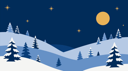 Fototapeta premium Layered Rolling Snowy Hills Covered in White Snow with Frosted Evergreen Fir Trees Scattered Under a Magical Starry Night Sky with Golden Moon in Flat Design Deep Blue Winter Landscape Vector