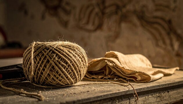 Ball of Natural Twine Next to Folded Fabric on a Dusty Wooden Surface
