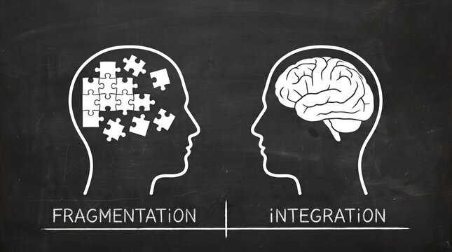 Conceptual illustration of a fragmented mind versus an integrated brain drawn in white chalk on blackboard