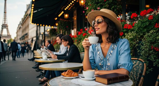 A woman in a blue dress enjoying a cup of coffee at a Parisian cafe.