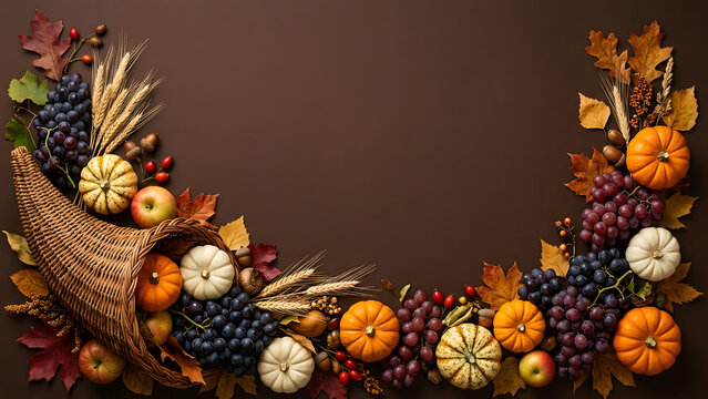 A festive thanksgiving day background featuring a traditional cornucopia filled with seasonal autumn harvest fruits and colorful vegetables