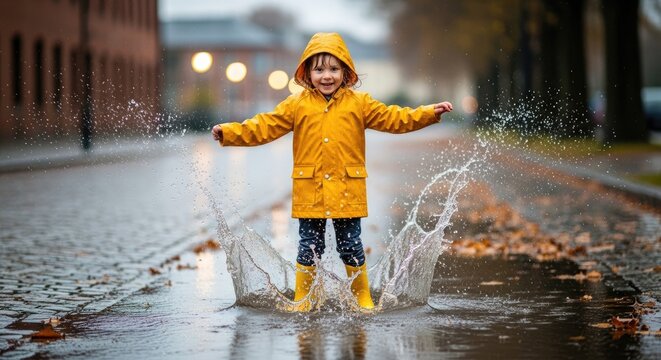 A child in a yellow raincoat and rubber boots jumping in a puddle on a rainy day.