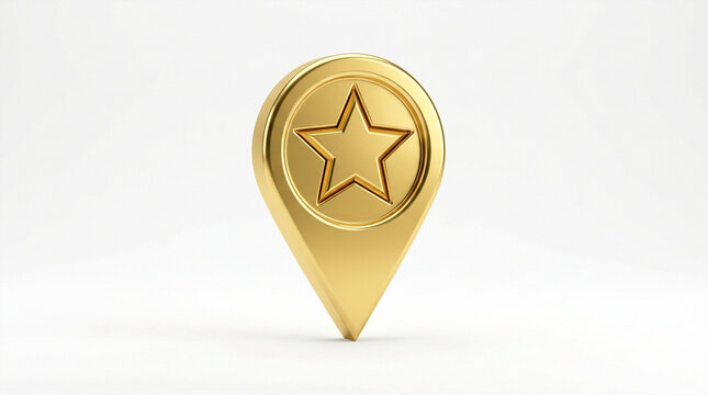Golden star map pin icon, luxury location marker, best choice concept, 3D render