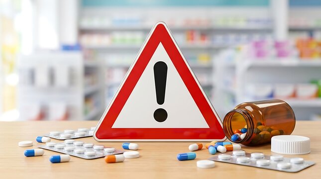 Red warning sign standing next to scattered prescription pills and an open medicine bottle on a pharmacy counter highlights medication safety and drug risks.