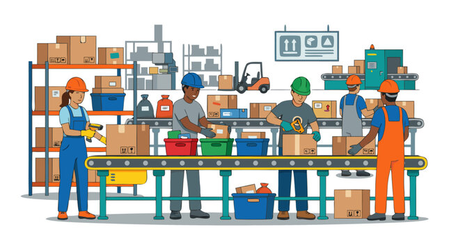 Warehouse workers in safety hard hats sorting parcels and packages on conveyor belt using tape guns and hand tools, bold flat vector colors, clean white background, logistics illustration